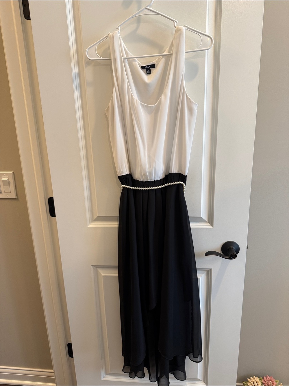 MSK Two-Tone Black and White Sleeveless Hi Low Dress with Pearl Adjustable Belt